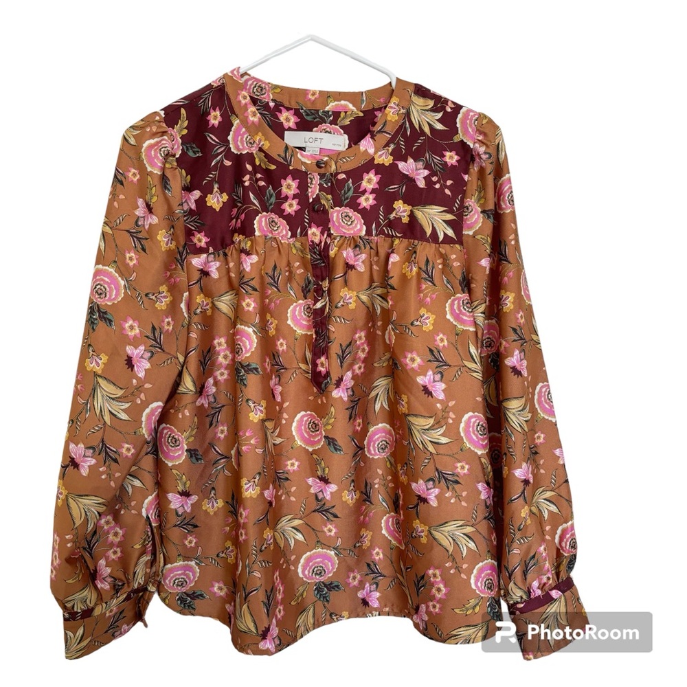 LOFT Women's Blouse, Size MP, Petite, Tan and burgundy, floral, long sleeves - Picture 1 of 8